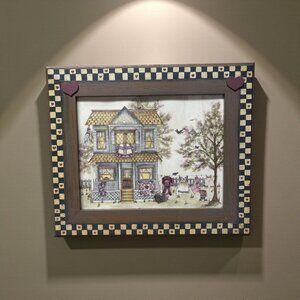 B. Andresen Country Cottage Print – Framed Americana Folk Art, Checkered Heart F
